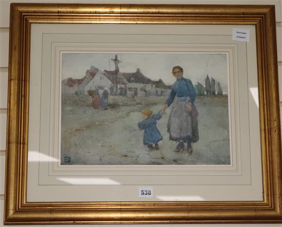 William Lee Hankey, watercolour, fisherwoman and child at Etaples, monogrammed, 26 x 38cm